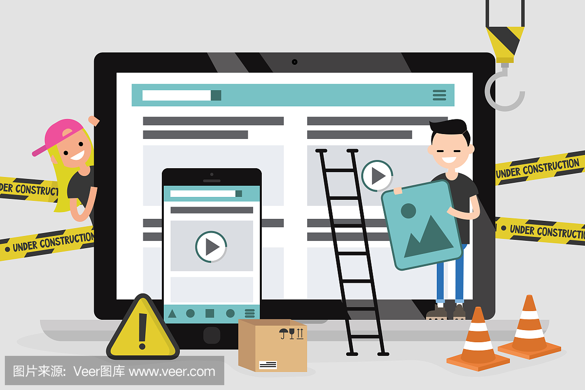 網頁設計和開發。網站在建設中。一群年輕的專業人士在為一個登陸頁面工作。平面矢量插圖,剪輯藝術。千禧一代在起作用。數字創意產業。